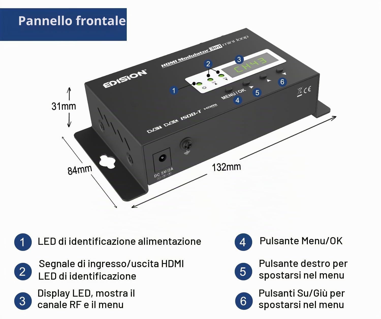 EDISION HDMI Modulator 3in1 mini loop, Modulatore HDMI a Terrestre DVB-T, ISDB-T o Cavo DVB-C, Distribuzione Full HD su Cavo Coassiale, H D M I -OUT, RF-in, Mini formato, Display LED, Plug & Play