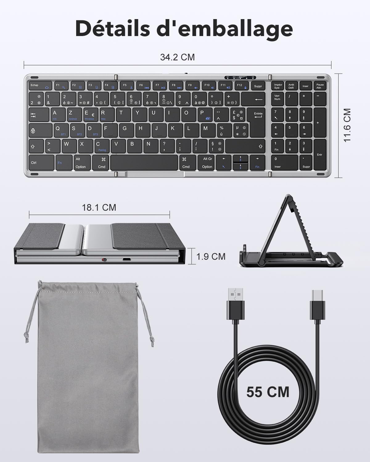 OMOTON Clavier Bluetooth Pliable avec Pavé Numérique, Clavier sans Fil AZERTY Rechargeable, Pleine-Taille, Portable Keyboard pour Android Windows iOS Mac iPad Tablette PC, Gris sidéral | Rechargeable, Multi-appareils, Portable, 60h Autonomie, Support inté