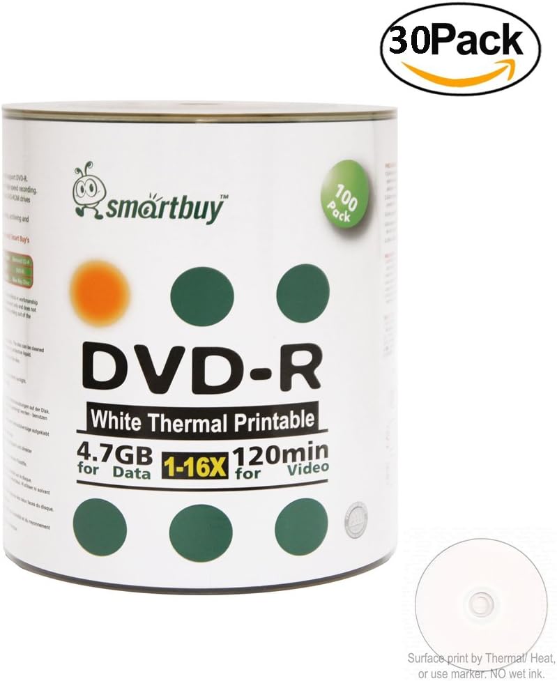 Smartbuy 3000-disc 4.7gb/120min 16x DVD-R White Thermal Hub Printable Blank Media Recordable Disc