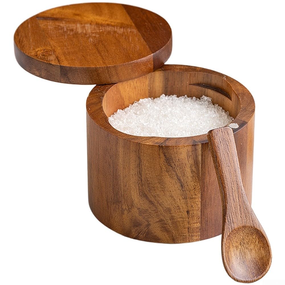 Salero de madera natural con tapa de cierre giratorio y ranura funcional para cuchara para un flujo de trabajo de cocina optimizado (marrón)