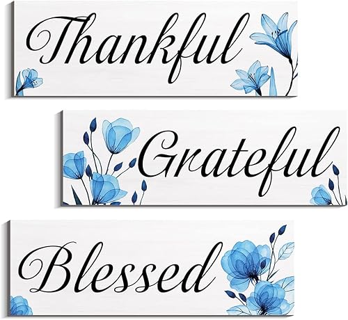 Decoración artística de pared azul para sala de estar, 3 piezas, letreros de madera con texto en inglés "Thankful Grateful Blessed", placas