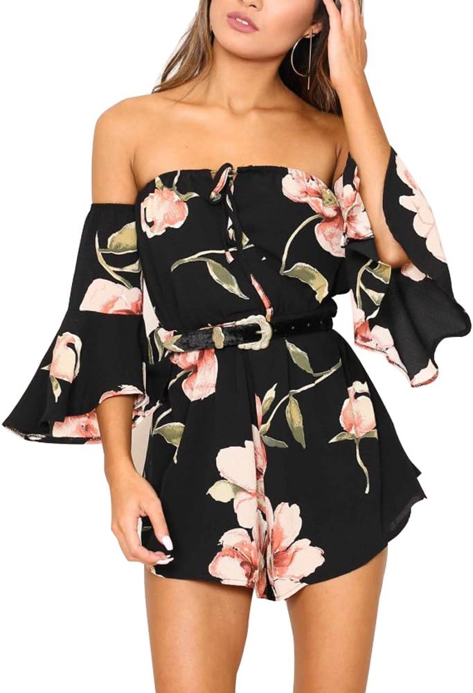 RUIGO Women's Lace Sexy Open Back Hollow Out Boho Playsuit Jumpsuit Romper Dress (M, Dark Floral)