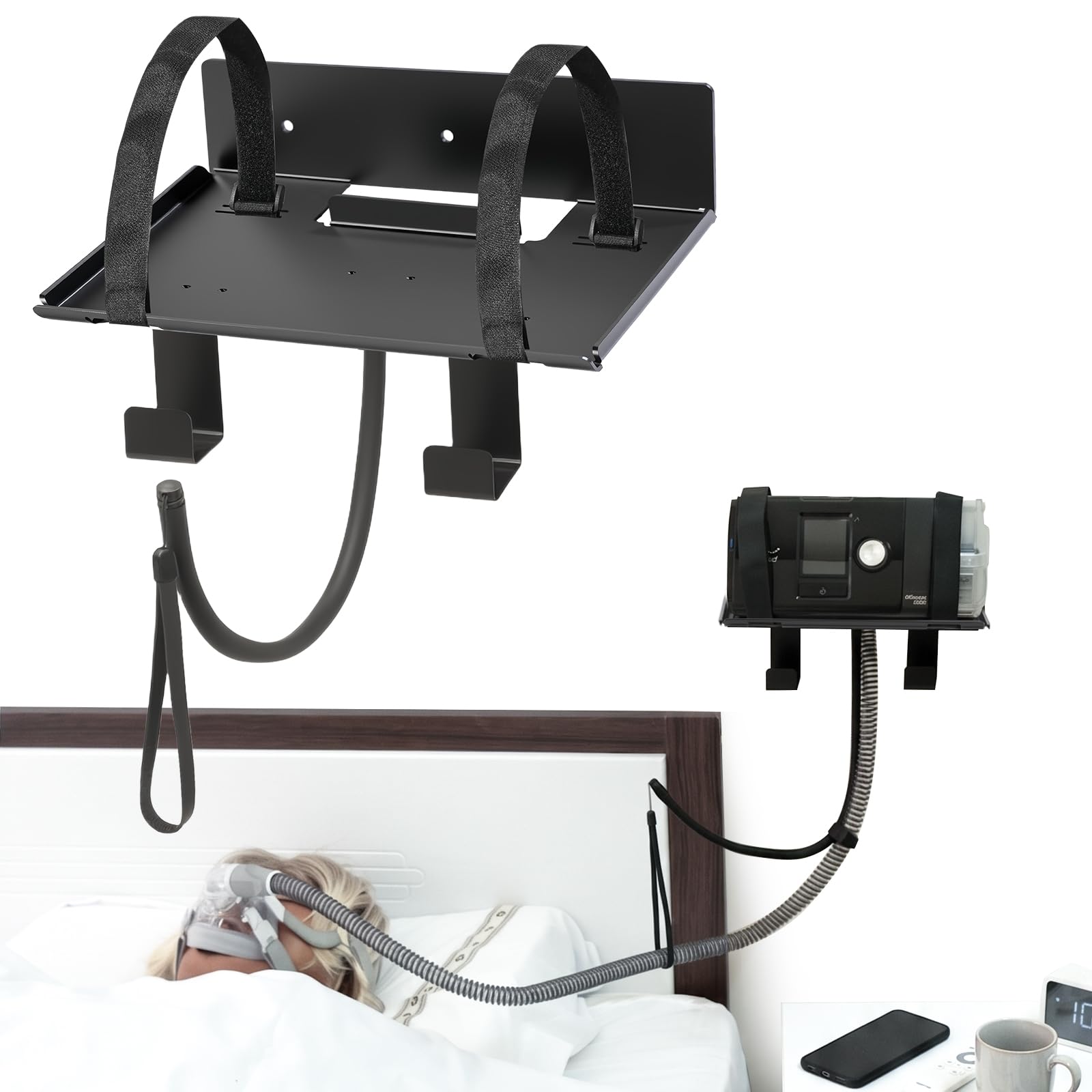 Photo 1 of CPAP Wall Mount Shelf for ResMed AirSense 11 Lightweight Aluminum Design with Anti Slip Straps and Hose Mask Management Hook, CPAP Supplies Stand for Bedside Organization?Black?