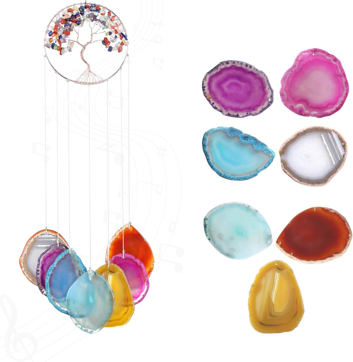 Yoption Amethyst Tree of Life Memorial Wind Chime, Natural Crystal Agate Slices Windchimes for Indoor Outdoor Decoration Ornament, 15.7-17.7 inch