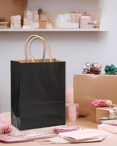 Miniatura 6 de qiqee Bolsas de papel kraft grandes con asas de 13 x 10 x 5 pulgadas, 32 bolsas de papel de regalo, bolsas de color sólido negras (tamaño grande)