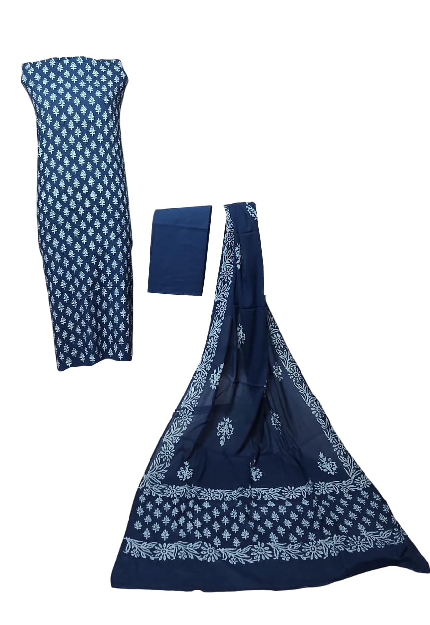 Karigarcraft Pure Cotton Dyed, Printed Suit Fabric | Dress Fabrics Set for Salwar Kameez, Kurti, and Ethnic Wear | Soft & Comfortable Material for Tailoring | Indigo blue-image-25