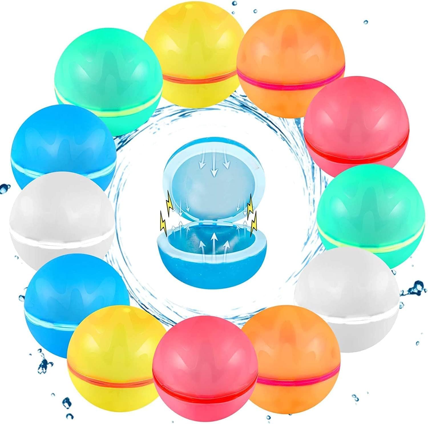 12 Pcs Reusable Water Balloons, Easy Quick Fill and Self Sealing Water Bombs, Soft Silicone Water Splash Ball, No Pick Up After Water Fight, for Outdoor Games, Summer Party