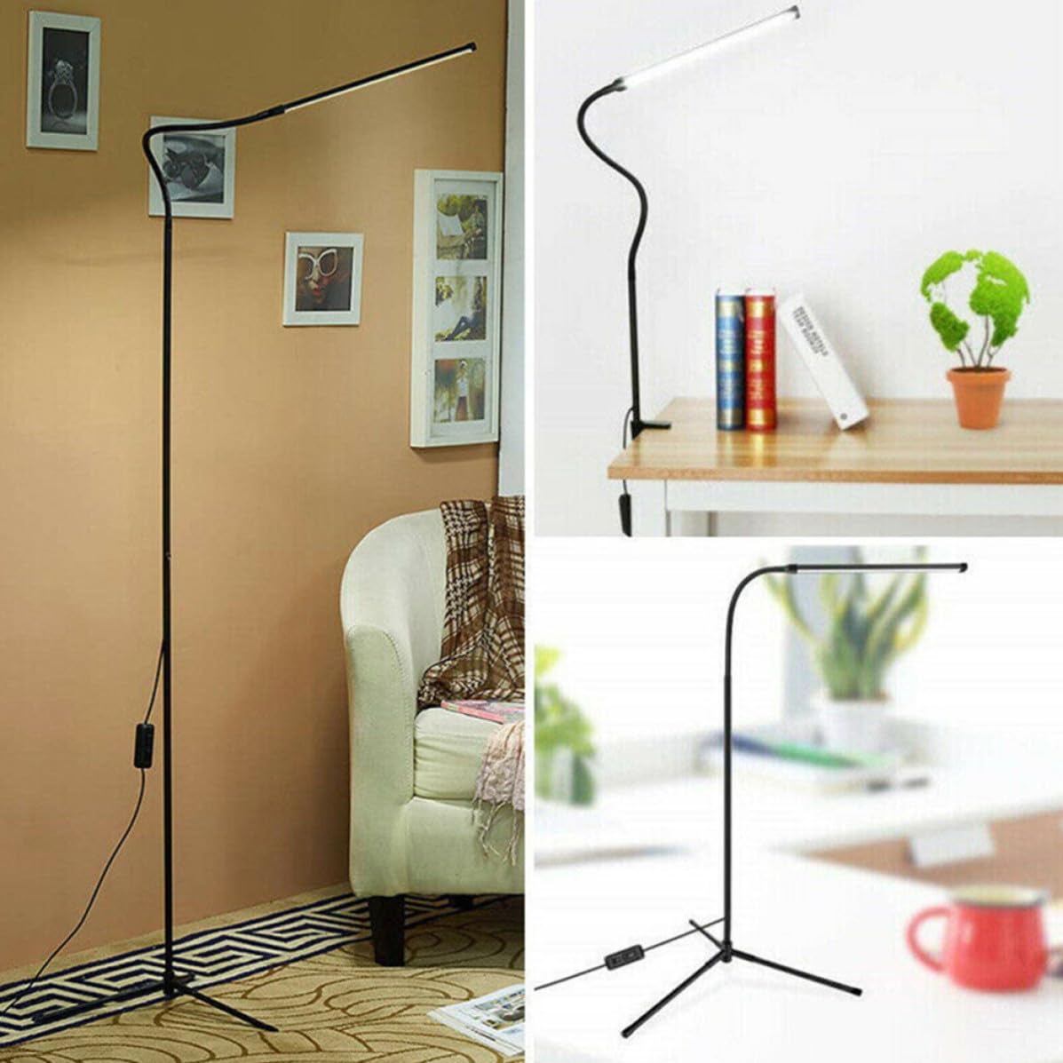 Ciieeo Lampada da Terra LED Dimmerabile con Clip, Lampada da Lettura a Collo D’oca, in Alluminio e Ferro, Nera, per Scrivania e Salotto