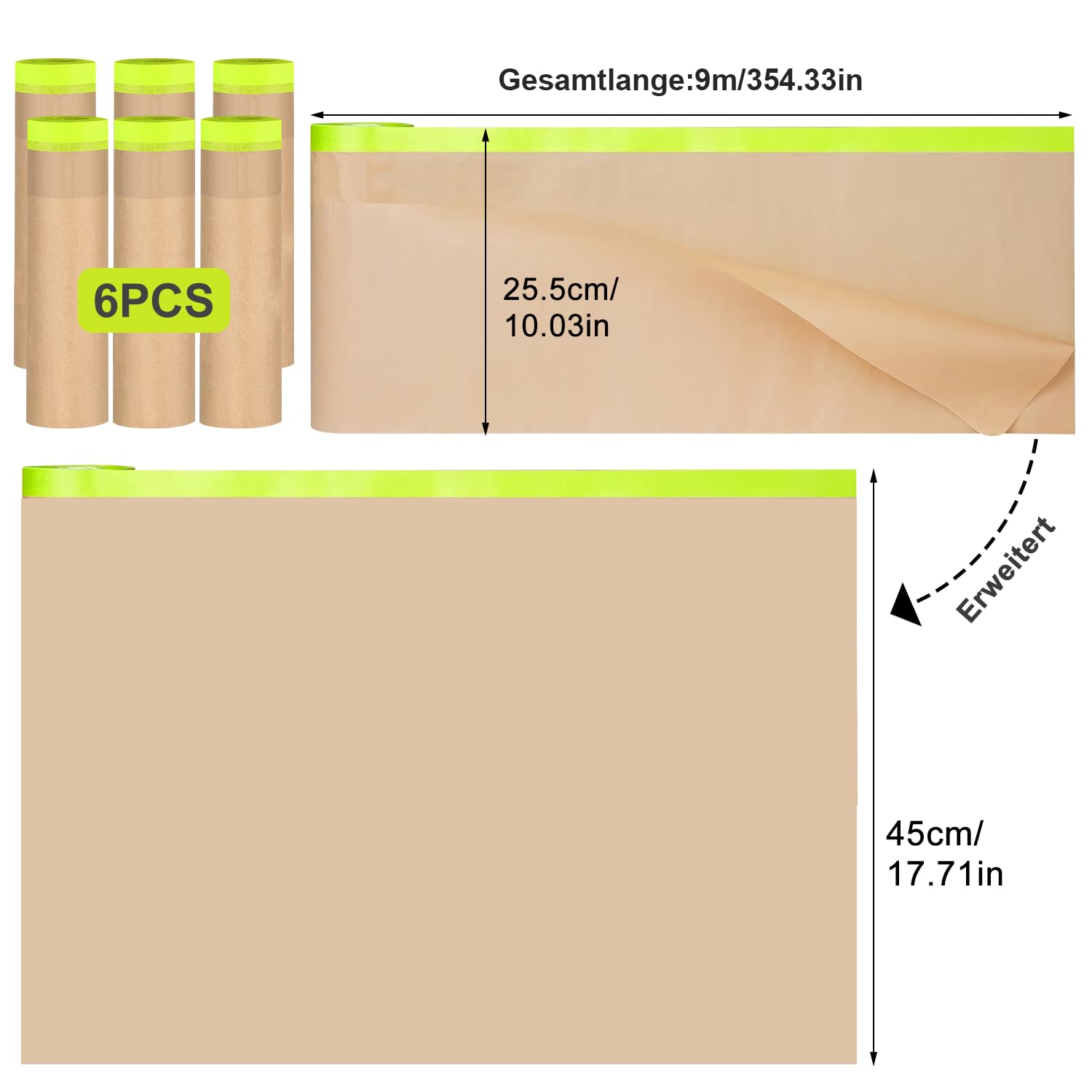 Papiers de Masquage Peintre Rouleaux de Papier de Masquage 6 Rouleaux Bache Protection Peinture Kraft 45cm x9m pour Peinture Automobile Protection Meubles Voiture et Revêtement du sol
