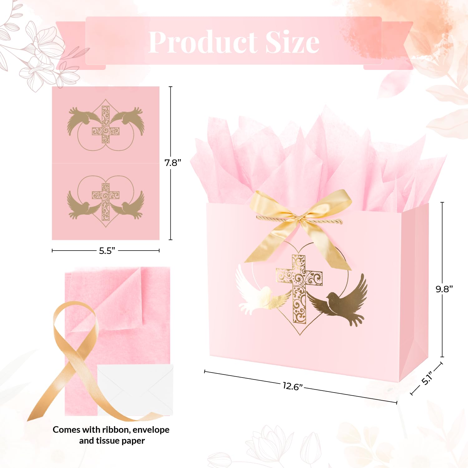 Linelglobal Baptism Gift Bag with Tissue Paper for Girl Pink Cross Gift Bag for Christenings First Communions Religious 12.6"