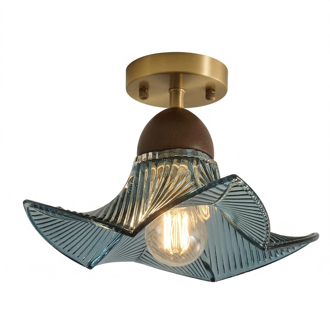 IvyLoutish Mid-Century Modern Vintage Style Ceiling Light, Brass Walnut Wood and Colorful Scalloped Wavy Glass Shade, Plafond, Flush Mount Fixture, Lamp, Luminaire Suitable for Hallway(Blue)