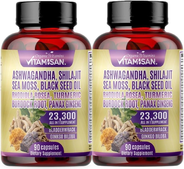 Shilajit, complejo de musgo marino - Suplemento dietético a base de hierbas - (paquete de 2) 180 cápsulas con aceite de cúrcuma, ginseng y semillas