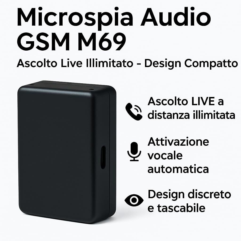 Microspia Antifurto Audio GSM – Dispositivo di Ascolto Ambientale AUDIO POTENZIATO Level 8, no GPS localizzatore, Chiamata o SMS Automatici, Ascolto LIVE a Distanza Illimitata, rete GSM (M69)