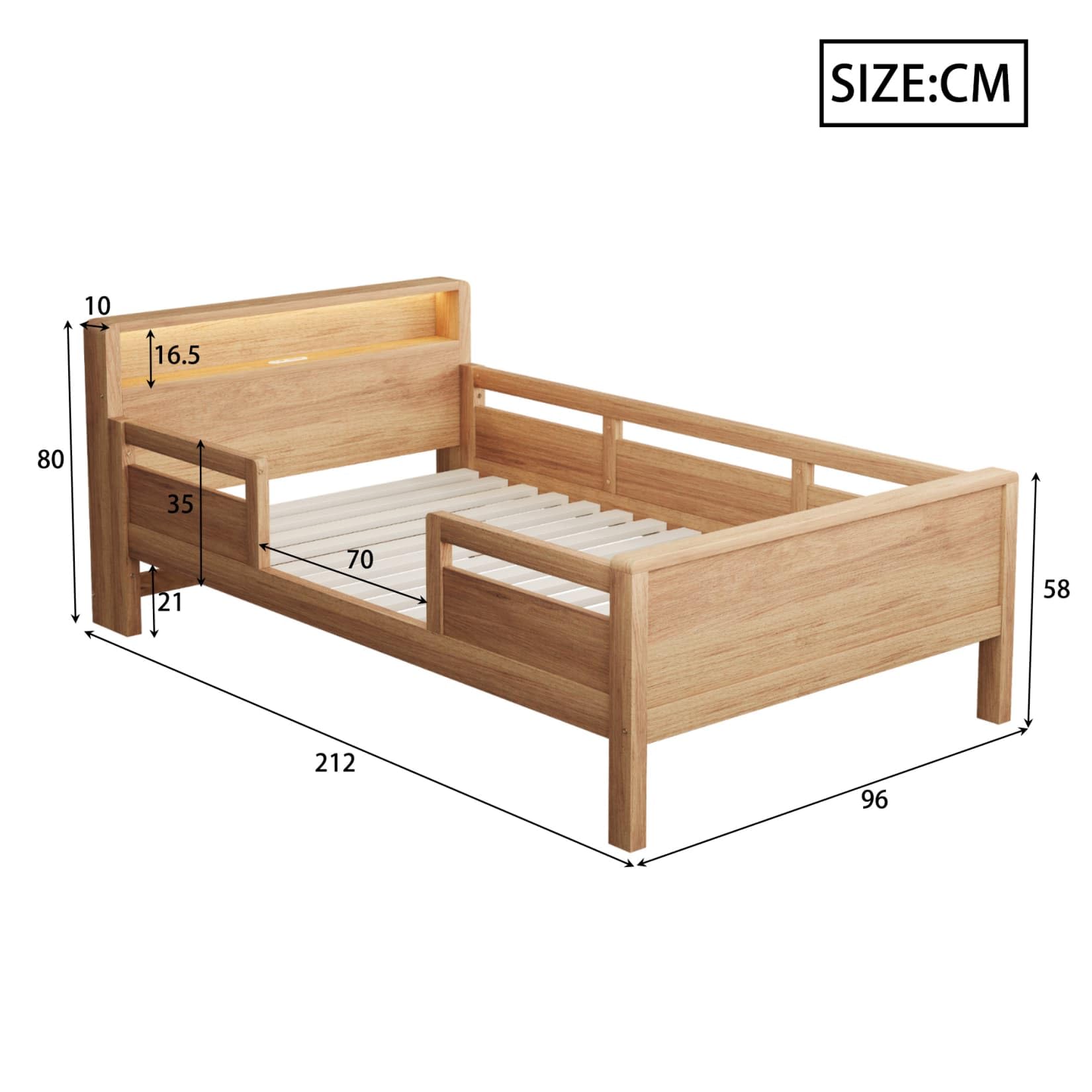 Lit Enfant 90x200 en Pin,Cadre de Lit 1 Personne avec Port USB-C,Éclairage LED,Tête de lit de Rangement,pour Enfants Adolescents (Couleur Bois)