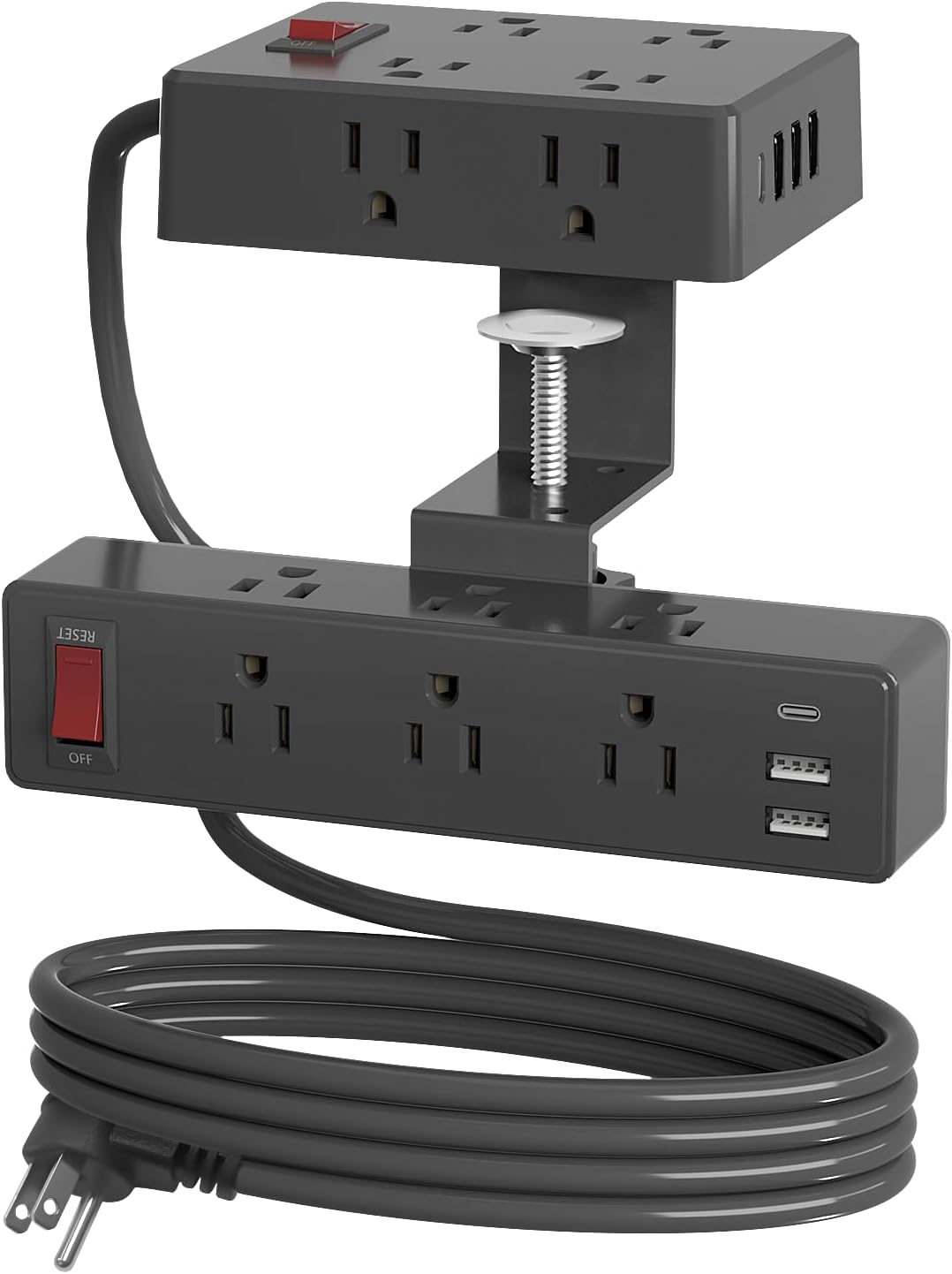 Dual Layer Desk Clamp Power Strip Surge Protector, 14 Outlets & 7 USB Ports (2 USB-C), Desktop Edge Mount Charging Station, 1700J, 10Ft Extension Cord for Home Office