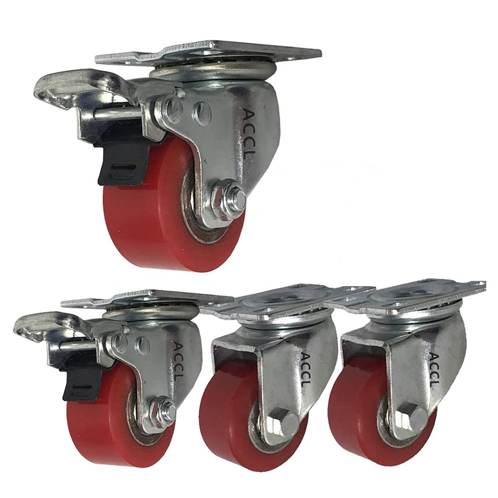 4 Industrierollen 2 zoll 50mm Schwerlastrollen 1000kg Leise PU Platte Lenkrollen mit Bremse Stahlbügel für Werks transport Straßenbahn Werkbank (1.5'' 2 zoll)