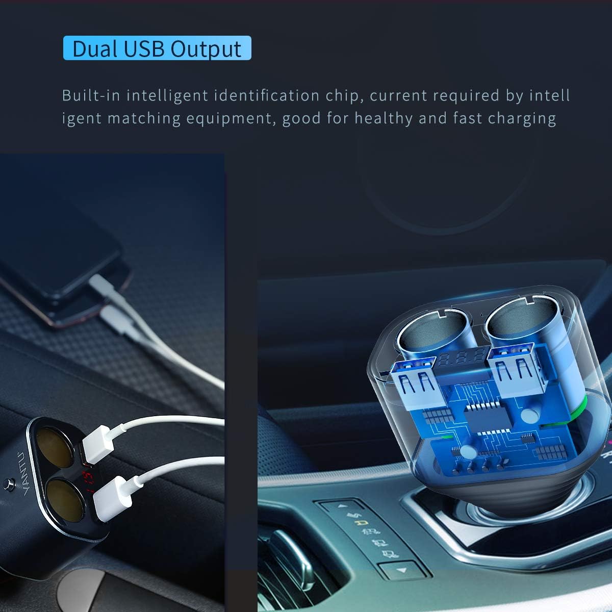 YANTU Cigarette Lighter Adapter, 12V/24V 3-Socket Power Cigarette Lighter Splitter with Dual USB Ports Multifunction Car Charger Adapter Independent On/Off Switches and LED Voltage Display