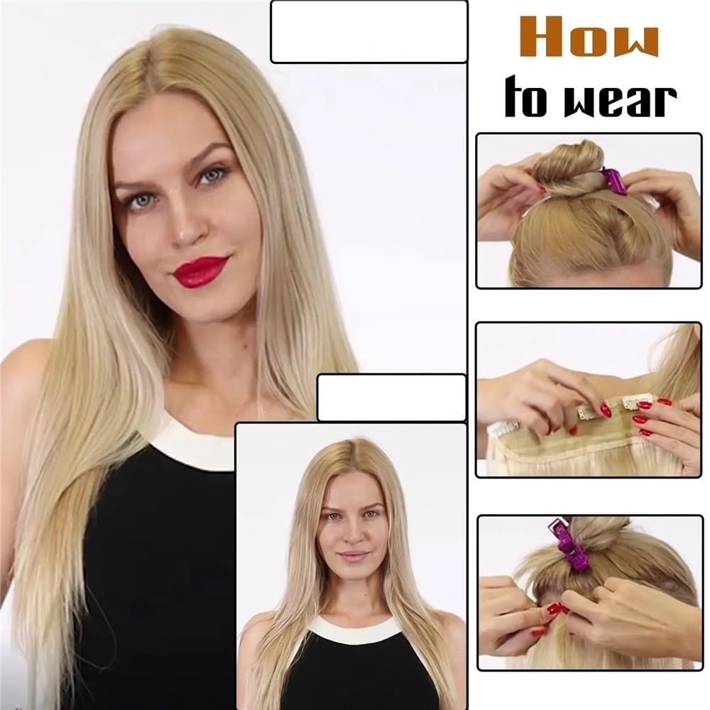 Przedłużki do włosów blond, przezroczyste treski z klipsem, z wzorem w jodełkę, naturalne włosy Remy dla kobiet (66 cm)