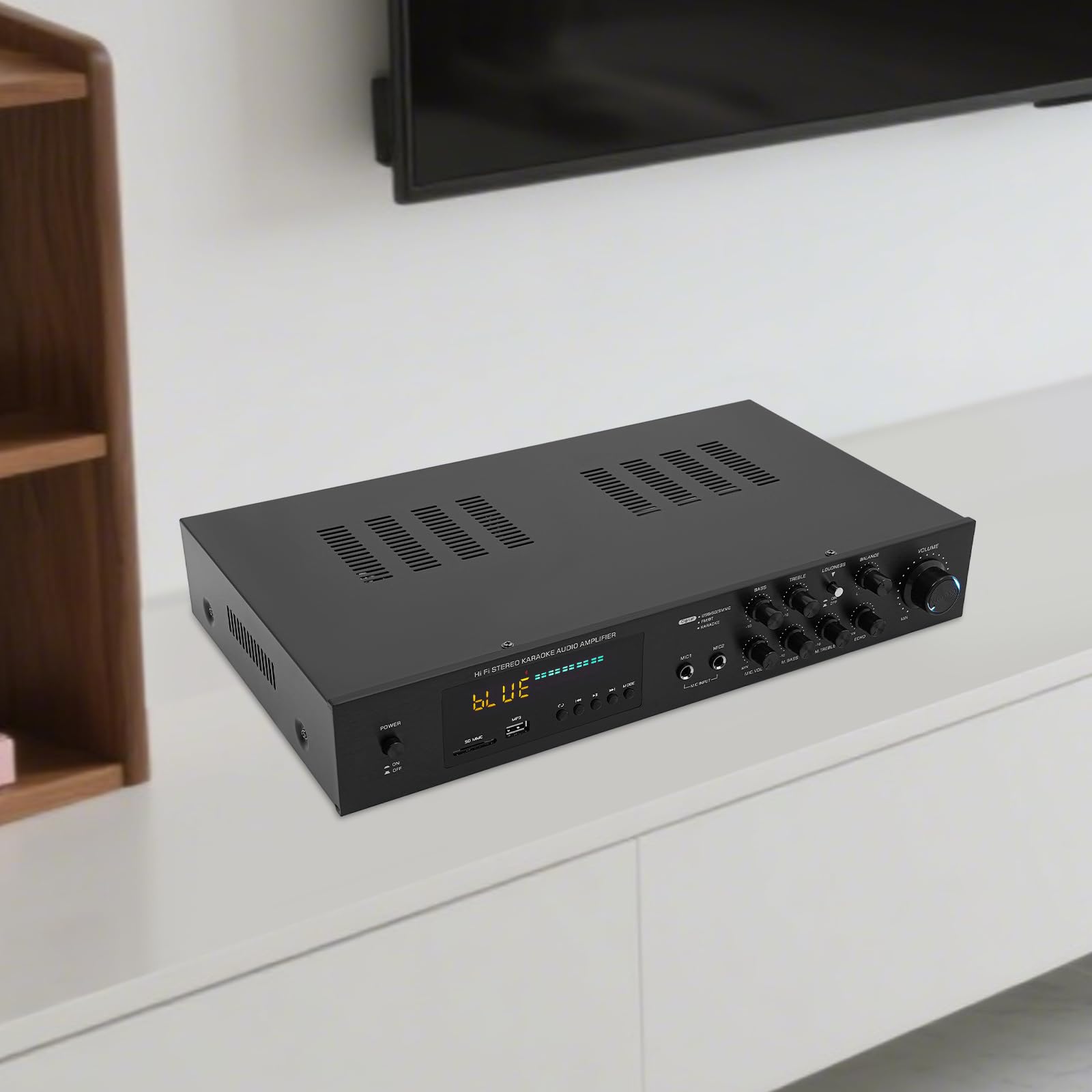 Amplificateur audio 600 W 5.1 canaux avec Bluetooth 5.0, SD/USB/RCA/AUX/MP3, radio FM, écran LED, télécommande, double ports microphone, amplificateur home cinéma HiFi pour karaoké et voiture