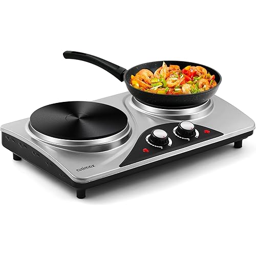 Double Hot Plate, CUSIMAX 1800W Double Burners Portable Electric Stove, Electric Hot Plate for Cooking, Countertop Burner with Dual Adjustable Temperature, Compatible for All Cookwares, Sliver
