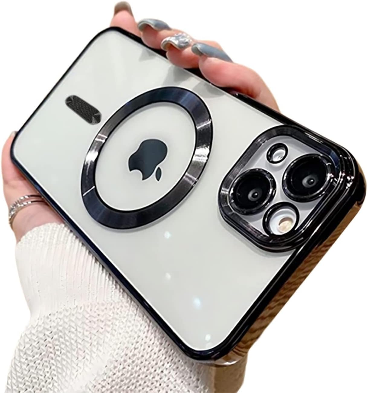 TPU Electroplating Transparent Clear Logo Cover for iPhone 13 Case 6.1 Inch, Compatible with Magsafe, Full Body & Individual Camera Protection for Each Lens for Men & Women (Black)