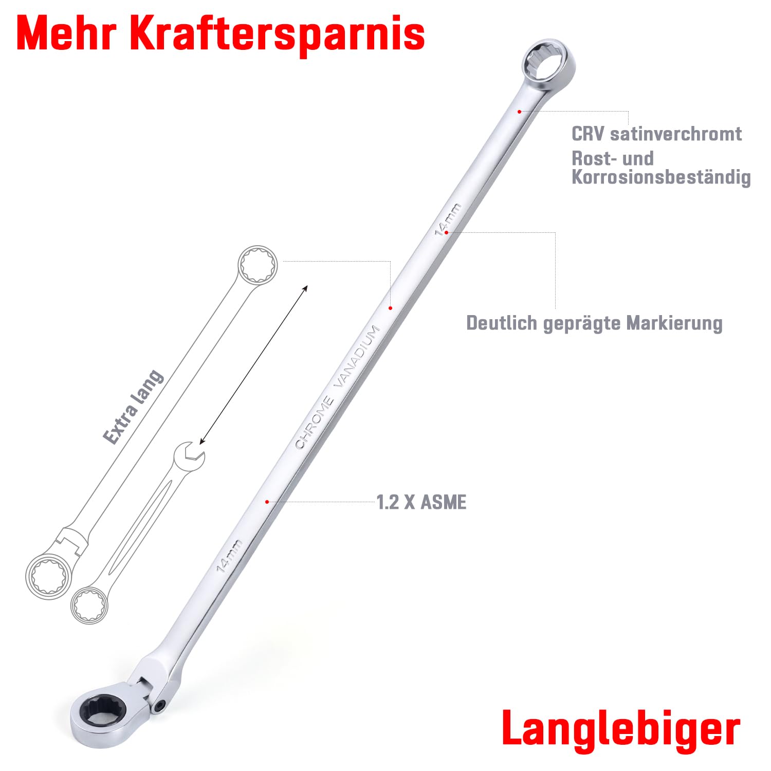 Flex-Ratschen-Set,8-19mm 12-tlg Doppel Ringschlüssel Satz,Extra langer Schraubenschlüssel, CV-Stahl 8mm-19mm