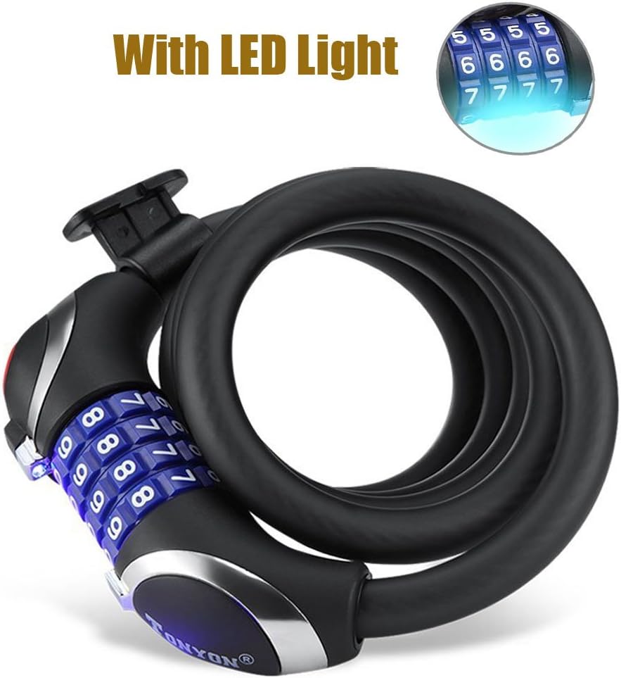 TONYON Bicycle lock With LED lights Spiral lock Cable lock Mortice lock combination Best for Bicycle Outdoors
