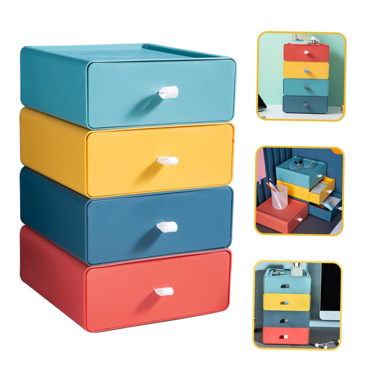 Cajones de Almacenamiento de Plástico Apilables 4 Piezas Multicolor (amarillo, Verde, Azul, Naranja) Caja Organizadora de Escritorio Resistente para Oficina y Hogar