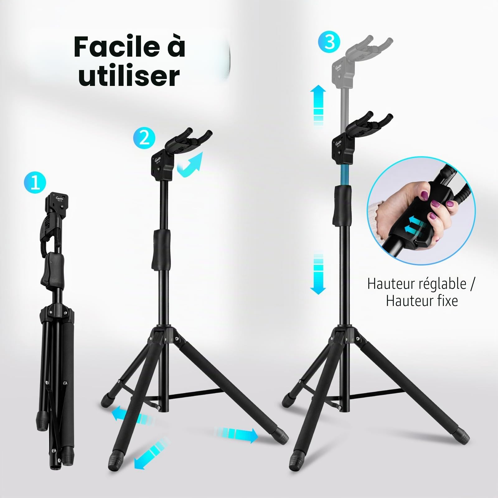 GUITTO Support de guitare – Support de guitare portable universel réglable pliable à suspendre pour guitare acoustique, électrique, basse GGS-06