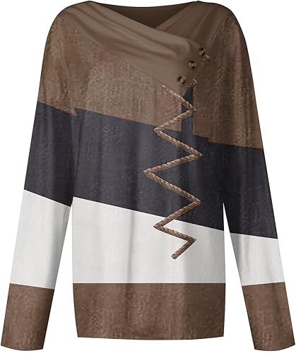 Miniatura 4 de Camisetas con cuello en V sesgado para mujer, otoño, verano, bloque de color, geometría, gráfico, ajuste relajado, camisetas largas para mujer, 2024