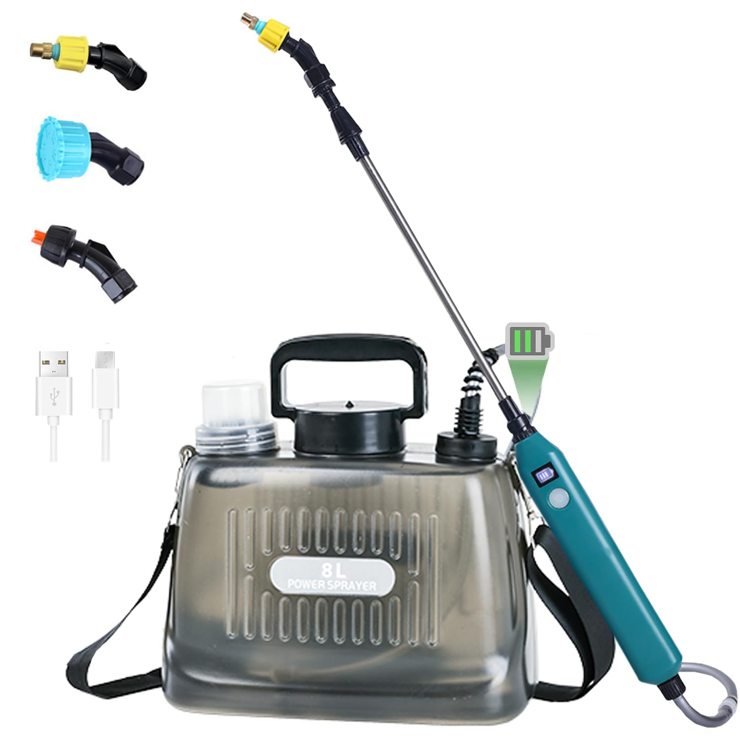 DOUBFIVSY Battery Powered Sprayer, Upgrade Visible Battery Level Electric Sprayer with 3 Mist Nozzles Transparent Tank Rechargeable Handle Telescopic Wand for Yard Lawn Weeds Plants (8L)