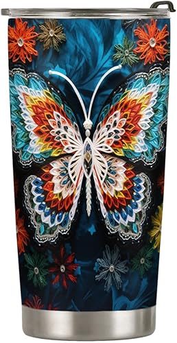 Miniatura 1 de ORCAE Vaso de mariposa de Navidad de 20 onzas, lindo vaso de mariposa con copos de nieve, flores y mariposas, vaso de mariposa floral colorido, taza