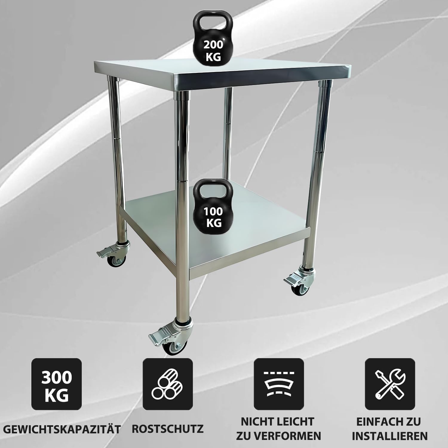 Edelstahl Küche Arbeitstisch 61x60cm - 4 Stück Lenkrollen mit Bremsen - Gastronomie Tisch bis 300kg belastbar - Profi Gastro Edelstahltisch Küchentisch für Restaurant Küche Bar Hotel Garage