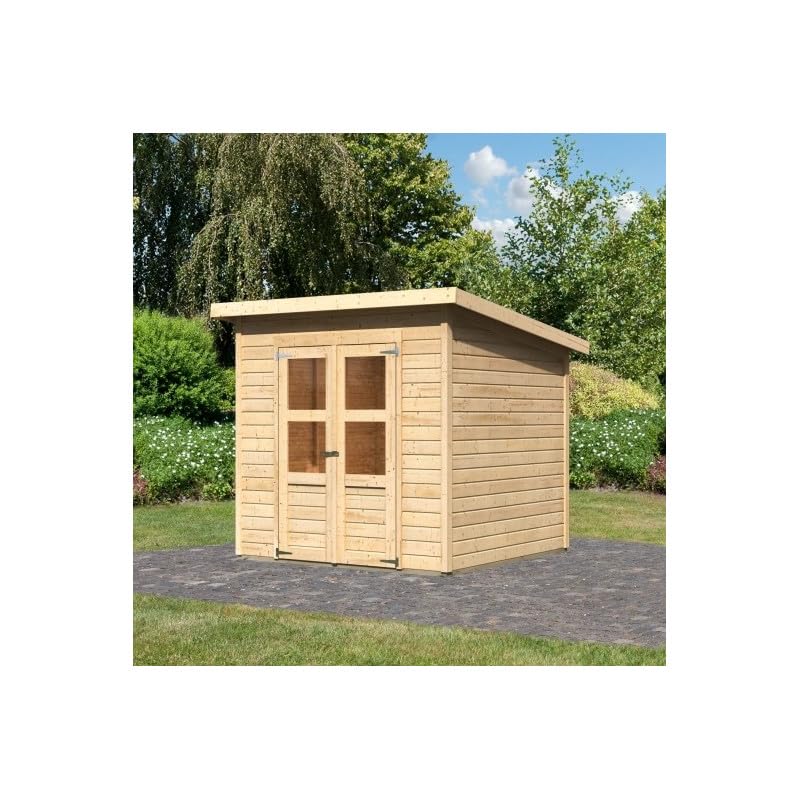 Karibu | Abri de Jardin Bois Massif Brut 4,5m² Merseburg 4 | Marron, Toit Plat, Double Porte Semi-Vitrée | Kit Fondation Autoclave Inclus