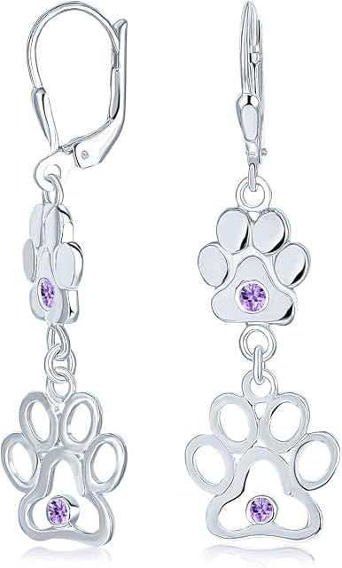 BFF Cut Out Open Animal Lover Pet Dog Cat Paw Print Dangle Stud Earrings For Women Puppy Cubic Zirconia .925 Sterling Silver Lever back Push Back