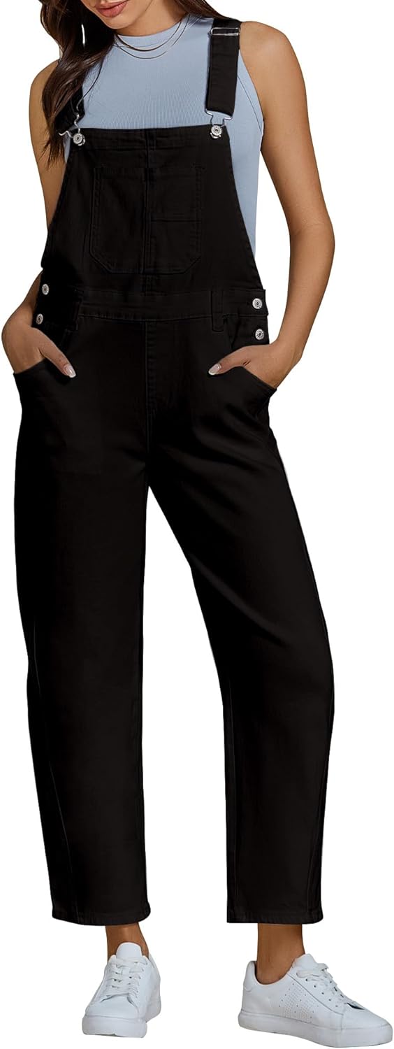 luvamia Barrel Leg Overalls for Women Baggy Bib Stretchy Denim Jumpsuit Loose Fit Jean Overall Jumpsuits with Pockets