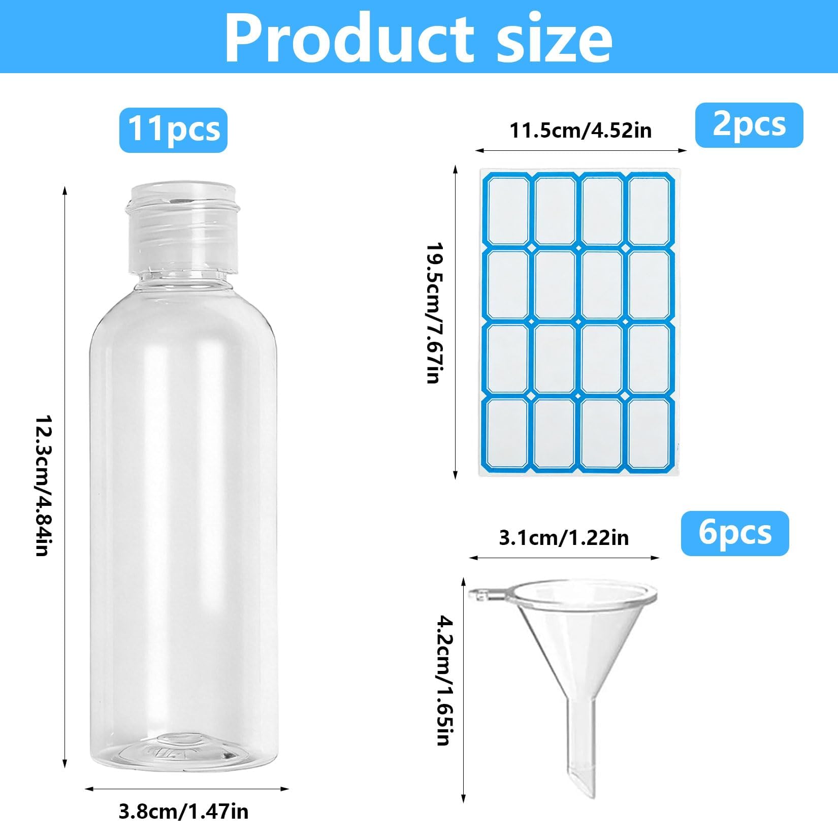 11 Pz Flaconi da Viaggio 100 ml, Kit Viaggio Aereo, Bottiglie Vuote Ricaricabili per Articoli da Toeletta, Cosmetici, Shampoo, Lozioni, Liquidi, con 6 Imbuti, 2 Etichette