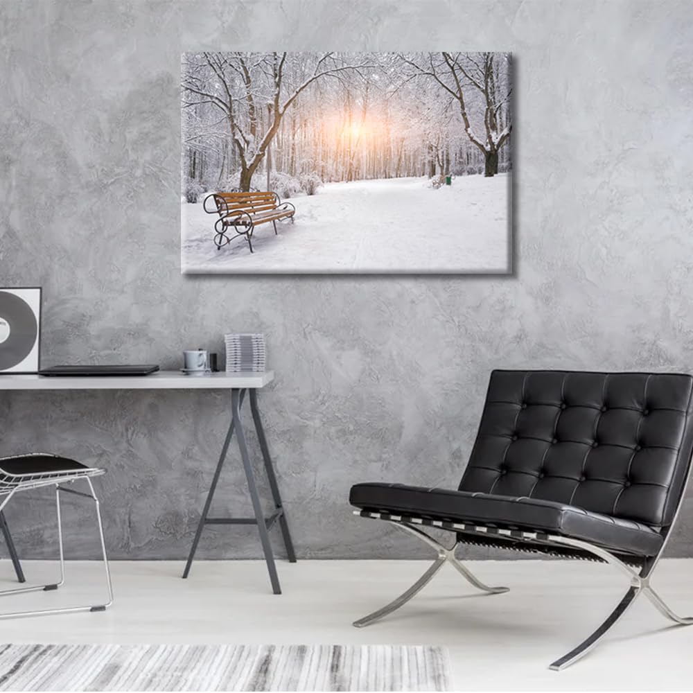 1 Panels Snow Covered Trees and Benches in the City Park Modern Home Decor Winter Sunset Canvas Paintings for Bedroom Living Room - Image 3