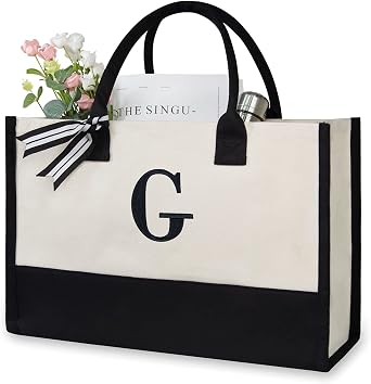 Personalized Initial Canvas Beach Bag, Monogrammed Gift Tote Bag for Women