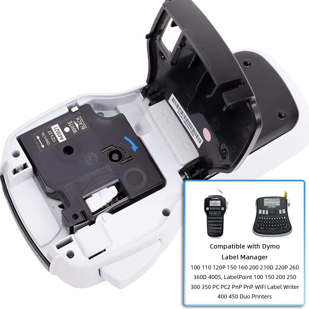 Label KINGDOM Compatible Label Replace for Dymo D1 45021 White on Black Standard Label Tape Refills, 1/2 Inch W x 23 Feet L, S0720610 for LabelManager 210D 280 160 450D Label Maker (4 Pack)