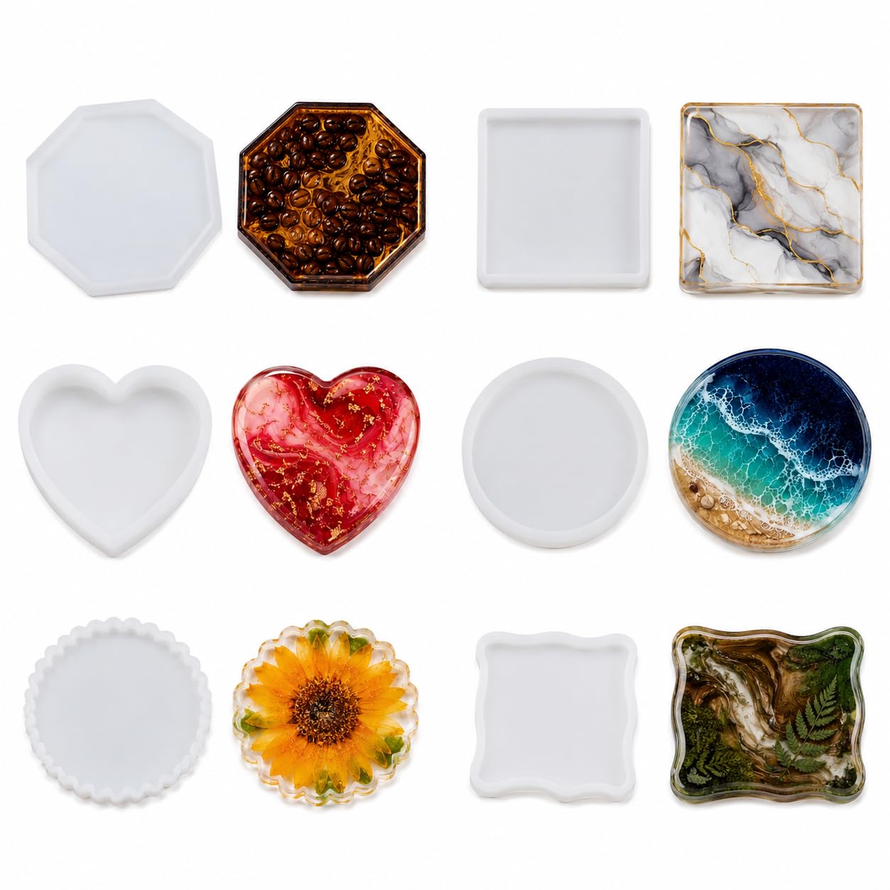 SNOOGG Silicone Resin Coaster Moulds, Set of 4, 10cm, 12 Shapes, Octagon, Square, Heart, Circle, Hexagon, Food Grade, Non-Stick, Flexible, Easy Demould, Beginner Resin Art Kit (6 Design Pack)-image-31