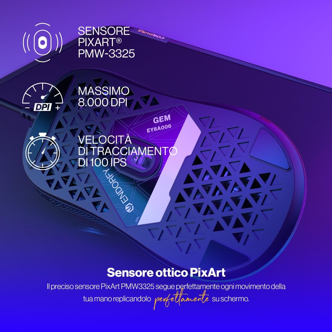 ENDORFY Gem, Mouse da Gaming Leggero (67 g), sensore PixArt PMW3325, 8000 DPI, Switch Kailh GM 4.0, 6 Tasti programmabili, Pad in PTFE, EY6A006