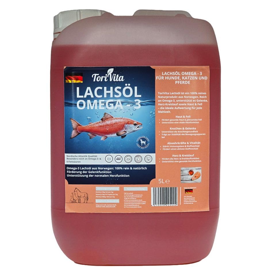 Omega-3 Lachsöl für Hunde, Katzen und Pferde 5 l, Fellpflege, mit Omega 3 und Omega 6, Rot