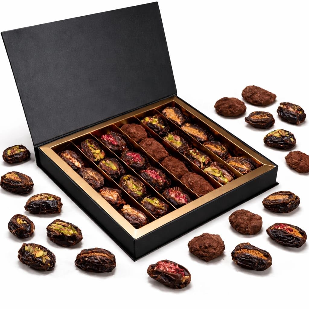 OMNIYA Delicacy Exquisite Medjool Dates 24 PCs Collection - Pistachio, Strawberry, Cinnamon Praline, Lotus, Ashta Cream - Essential Gift for Holidays, Birthdays & all Special Occasions