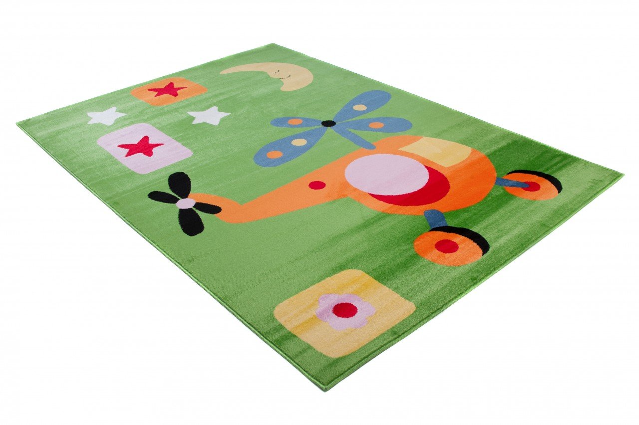 TAPISO Kinder New Alfombra Infantil de Salón Habitación para Niño Niña Bebé Diseño Moderno Helicóptero Verde Naranja Amarillo Rojo Alfombra de Juegos Pelo Corto Suave 140 x 190 cm