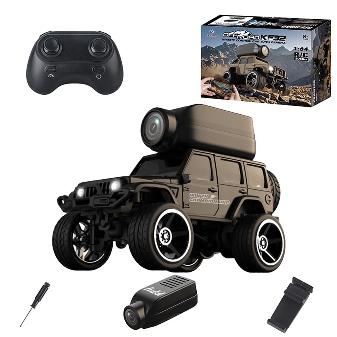 RCXTechPro 4WD Mini RC Car 1:64 Full-Scale 2.4G Remote Control Crawler Car, Desktop Off-Road Vehicle Indoor Racing Model - Black /KF32