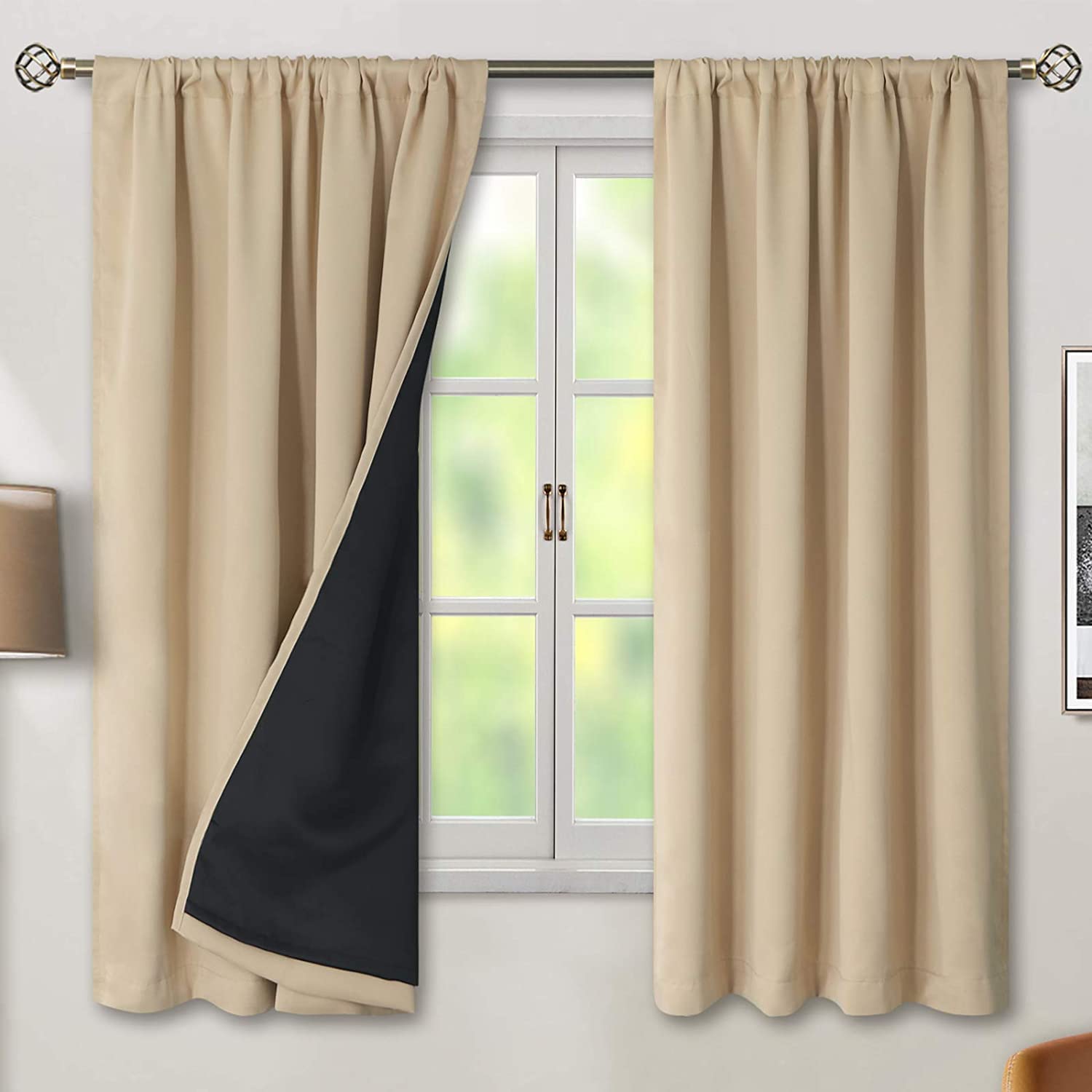 BFAM Store Thermal Insulated 100% Blackout Curtains for Bedroom with Black Liner, Double Layer Full Room Darkening Noise Reducing Rod Pocket Black Out Curtain 2 PC (Beige, 7 FT (84INCH))