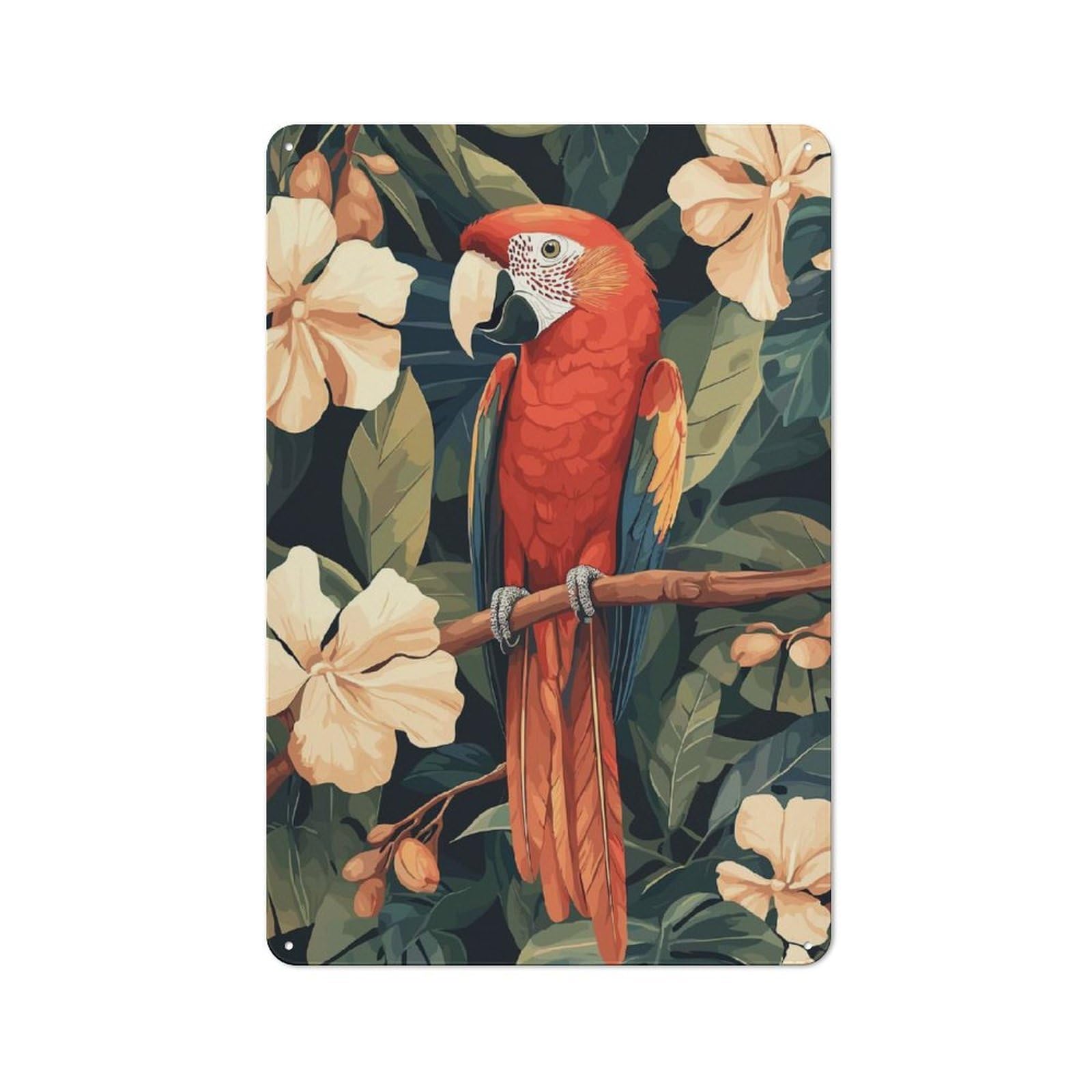 Junmoney Scarlet Macaw In Tropical Floral Setting Metal Plaque 30X20cm With For Garage Wall, Retro Decor, Housewarming Present For People Styling Garage