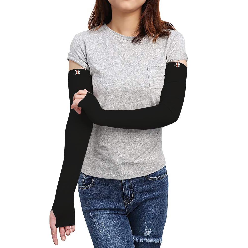 RRC UV Sun Protection Arm Sleeves for Men & Women, UPF 50 Arm Cover for Outdoor Sports. Biking,Cricket,Cycling, Golf Winter Special Black Color - 1 Pair