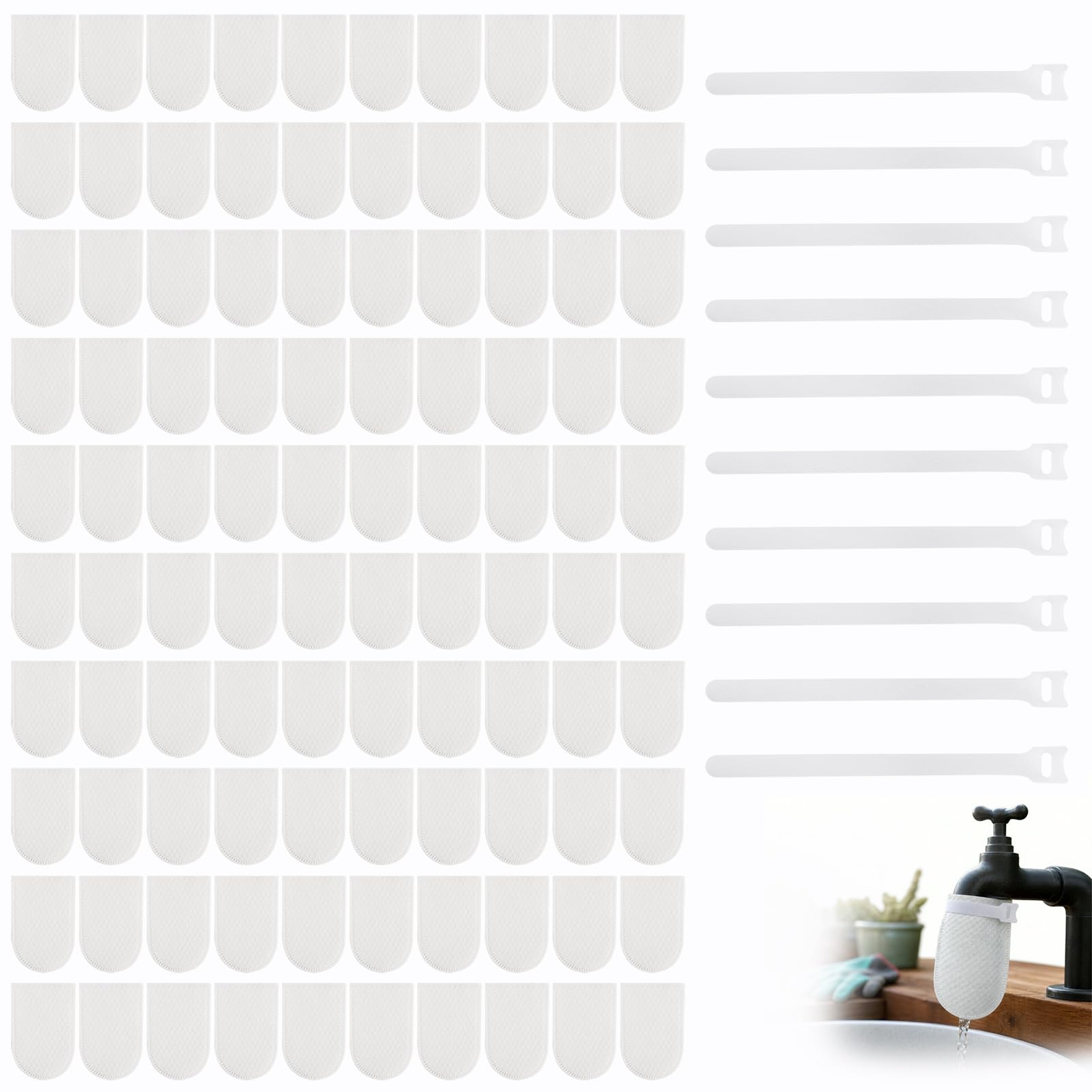 100 Pcs Faucet Filter Cotton Bags with 10 Fastening Bands, Tap Filter for Kitchen Sink, Splash Proof Tap Water Filter Removes Rust Silt Sediment